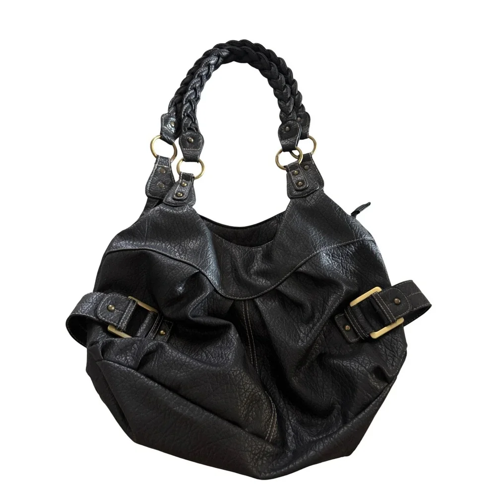 Black Faux Leather Hobo Bag Braided Straps Gold Buckle Slouchy Shoulder Purse
